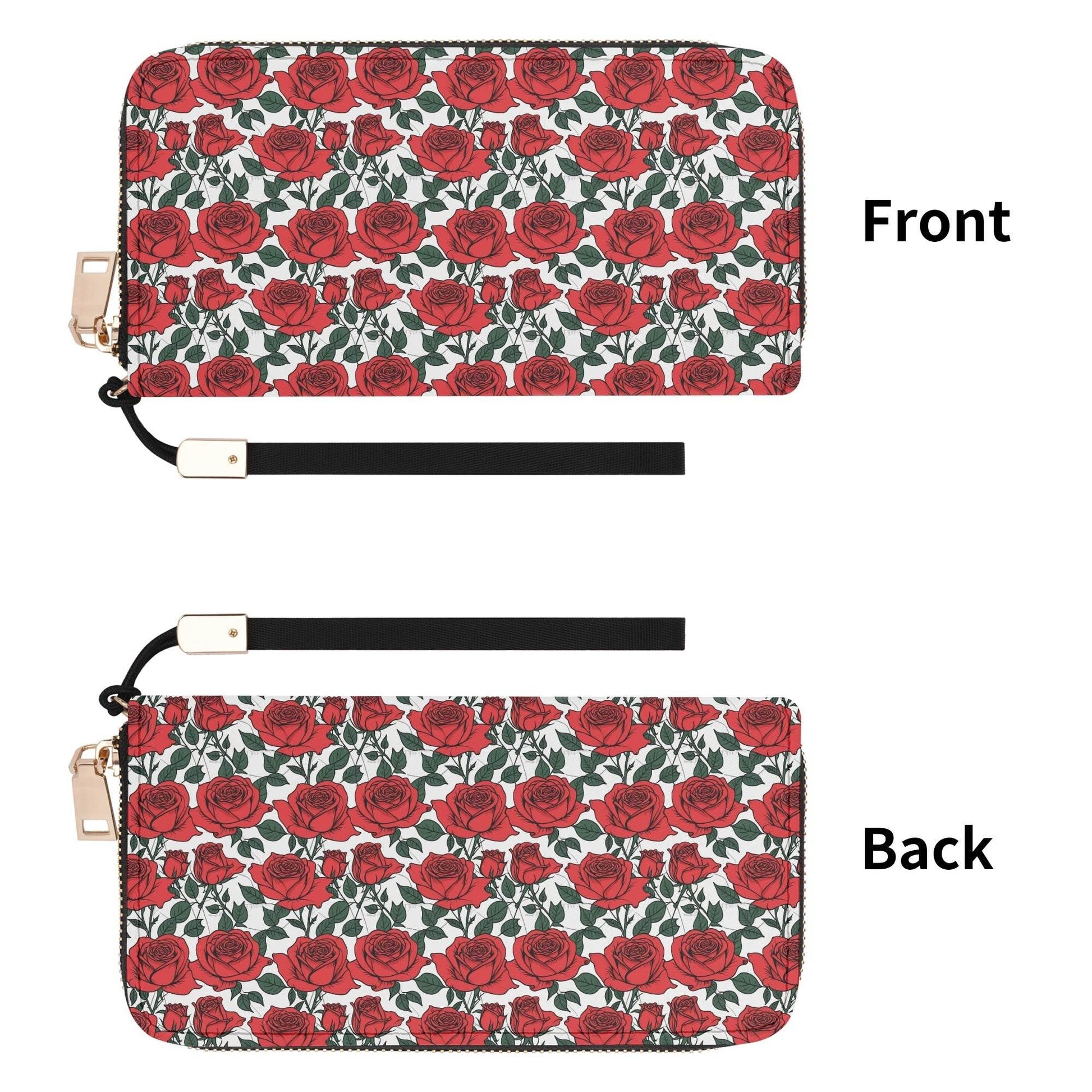 Red Leafy Roses Women's Leather Zipper Wristlet Wallet - DeRose Seasonal