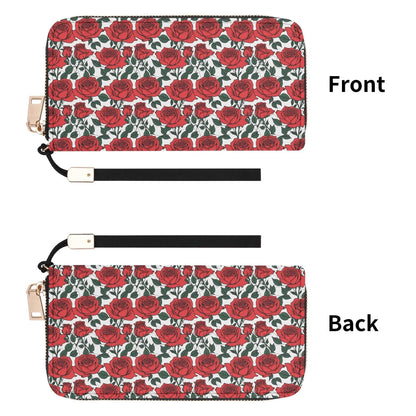 Red Leafy Roses Women's Leather Zipper Wristlet Wallet - DeRose Seasonal