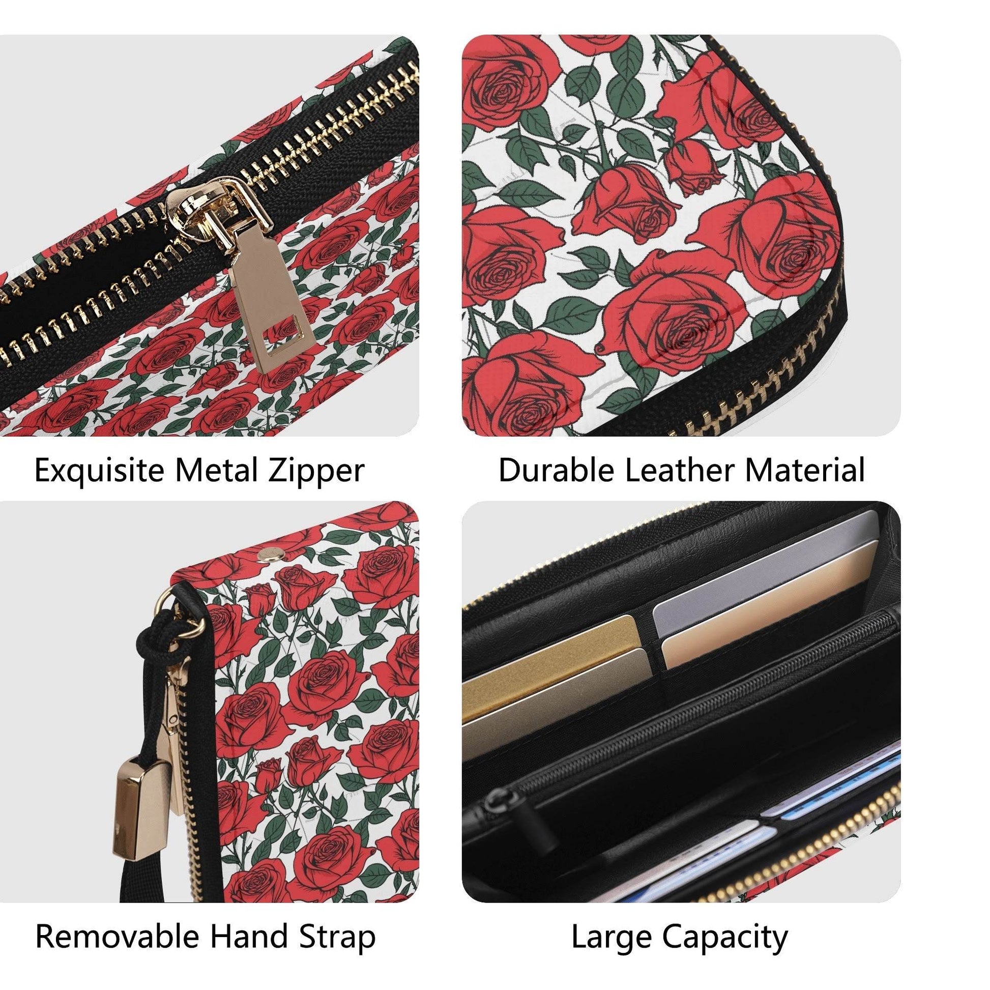 Red Leafy Roses Women's Leather Zipper Wristlet Wallet - DeRose Seasonal