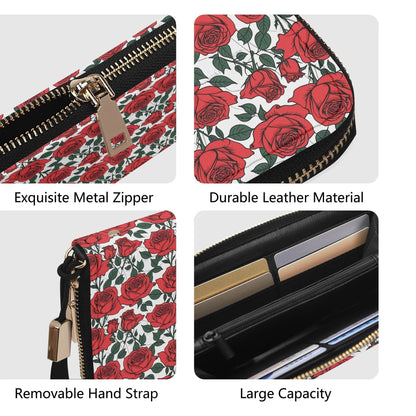 Red Leafy Roses Women's Leather Zipper Wristlet Wallet - DeRose Seasonal