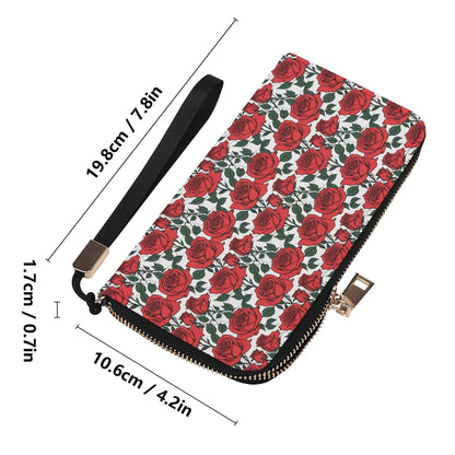 Red Leafy Roses Women's Leather Zipper Wristlet Wallet - DeRose Seasonal