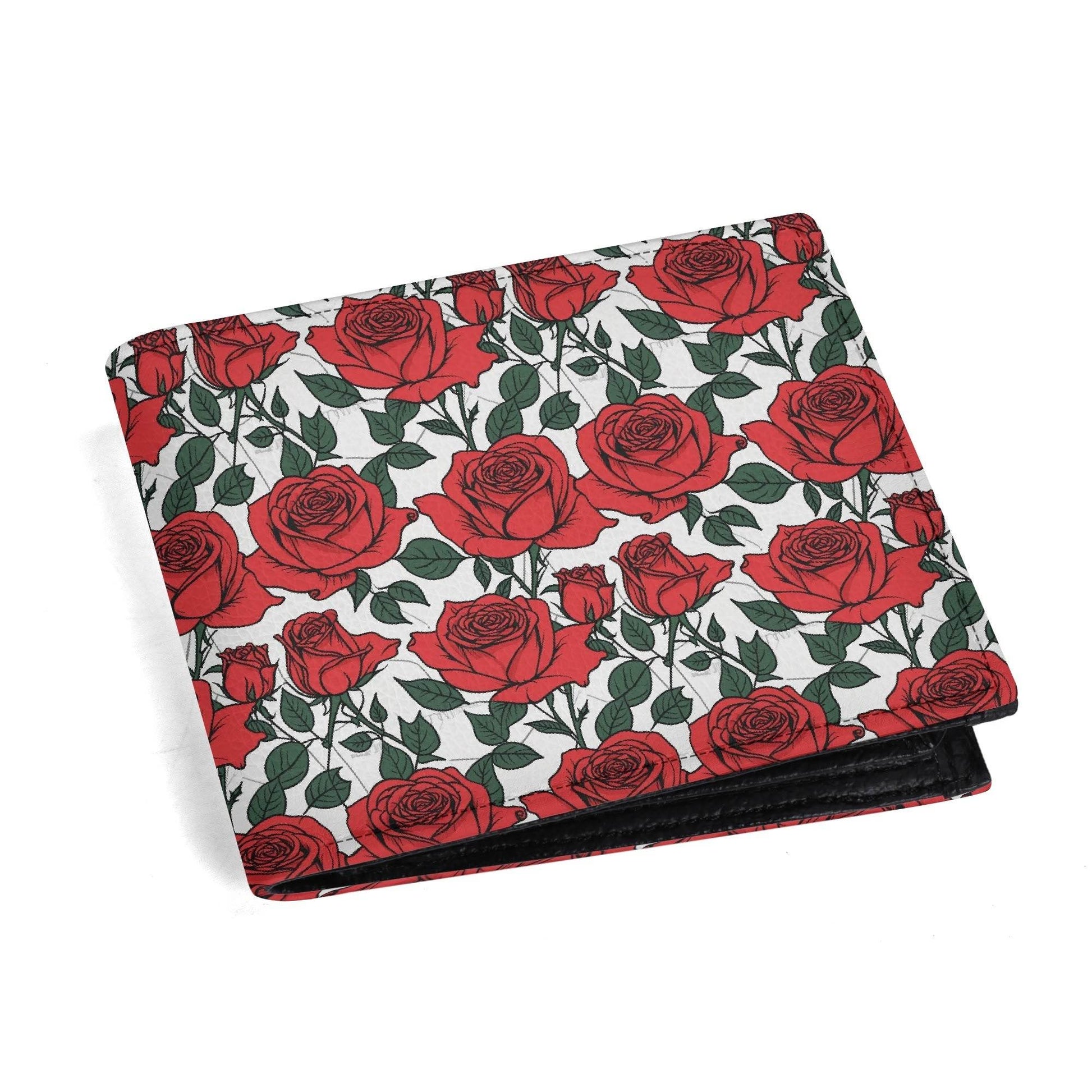 Red Leafy Roses Men's Leather Folded Wallet - DeRose Seasonal