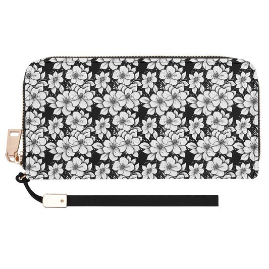 Black and White Floral Women's Leather Zipper Wristlet Wallet - DeRose Seasonal