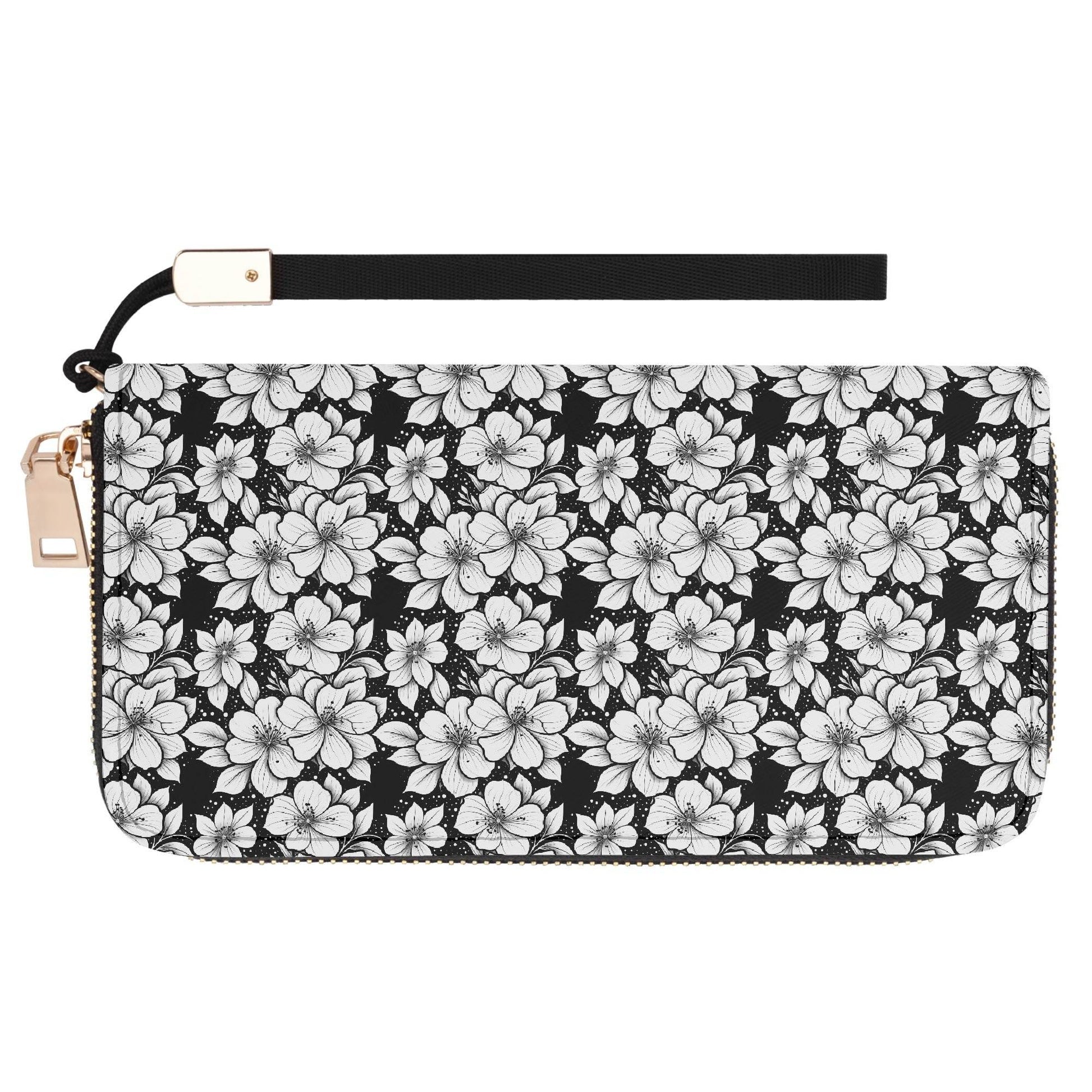 Black and White Floral Women's Leather Zipper Wristlet Wallet - DeRose Seasonal