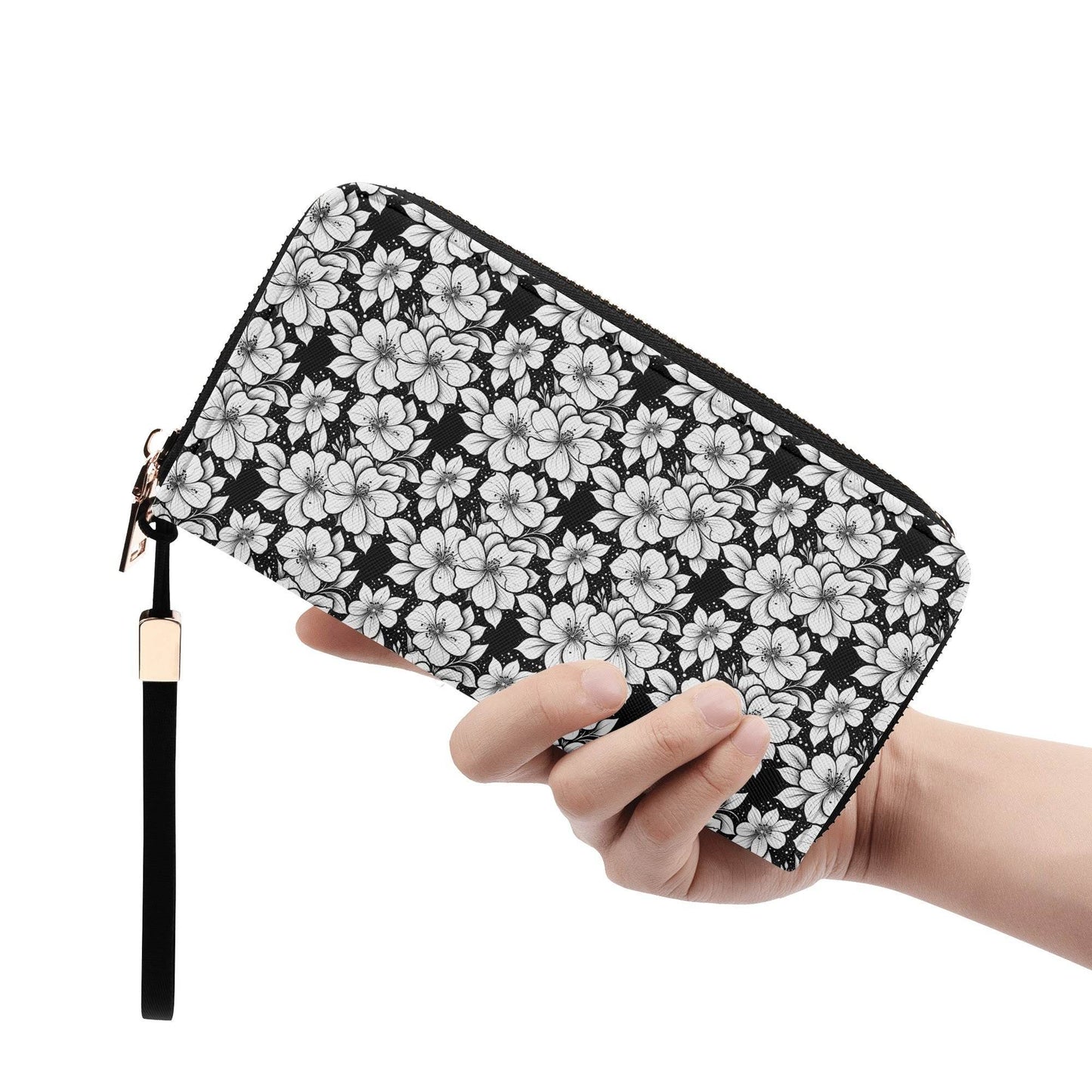 Black and White Floral Women's Leather Zipper Wristlet Wallet - DeRose Seasonal