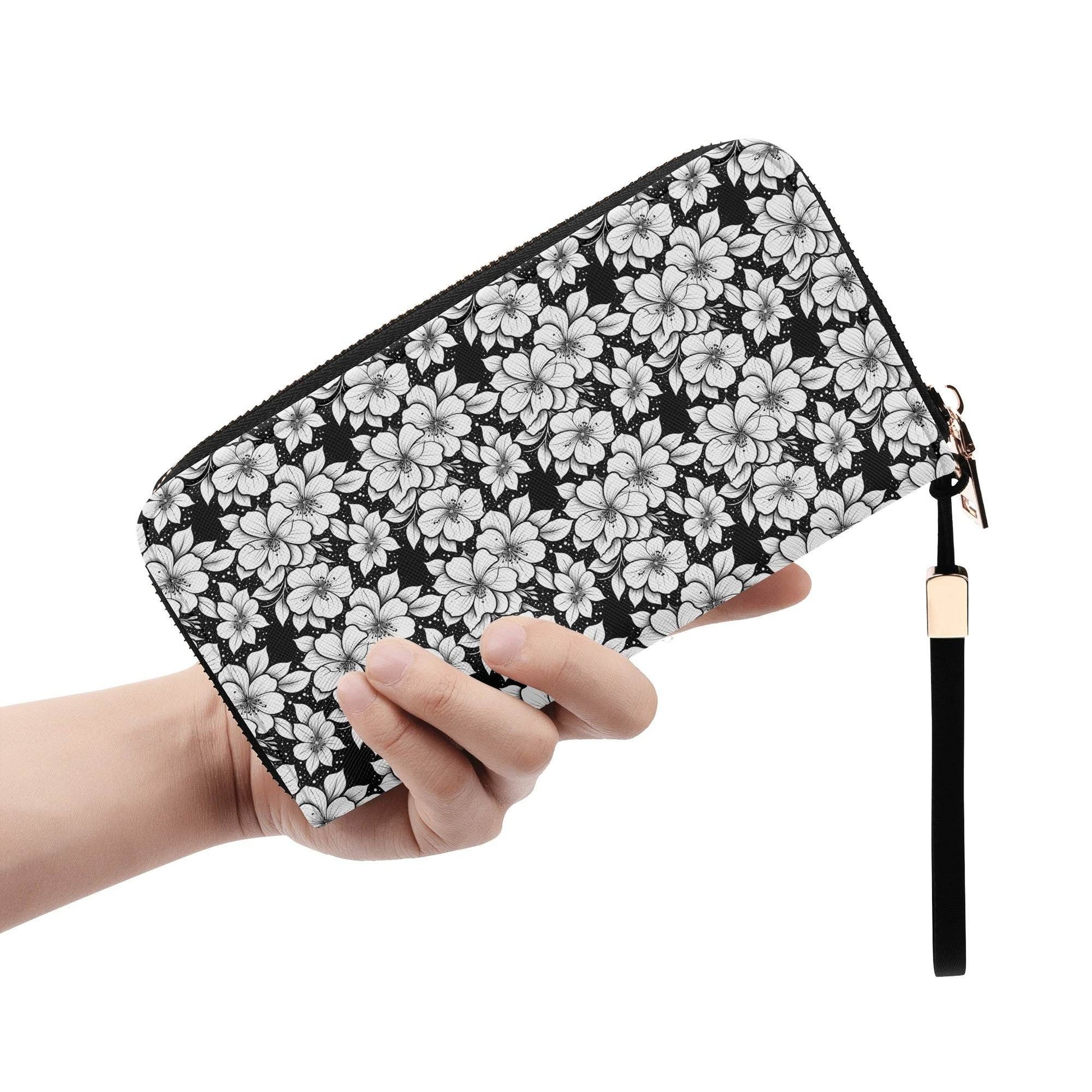 Black and White Floral Women's Leather Zipper Wristlet Wallet - DeRose Seasonal