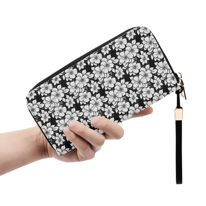 Black and White Floral Women's Leather Zipper Wristlet Wallet - DeRose Seasonal