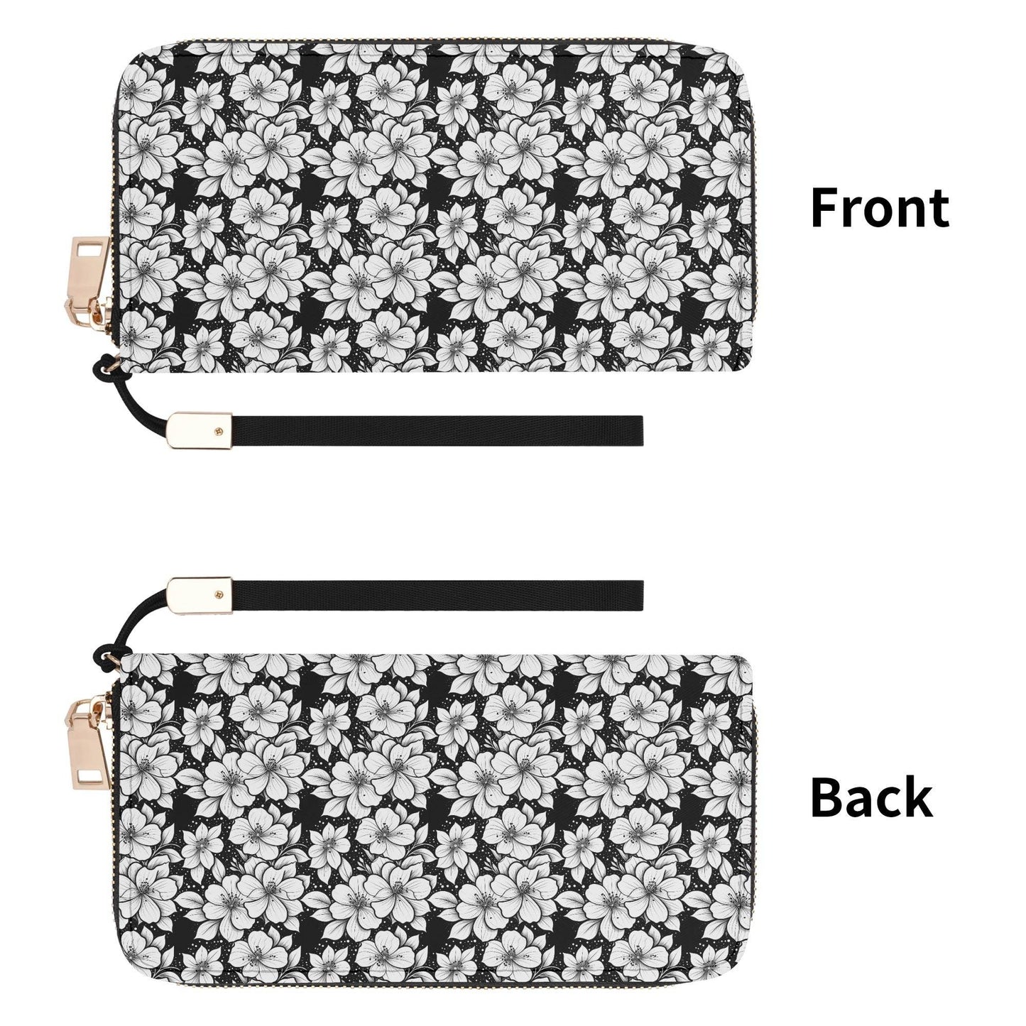 Black and White Floral Women's Leather Zipper Wristlet Wallet - DeRose Seasonal