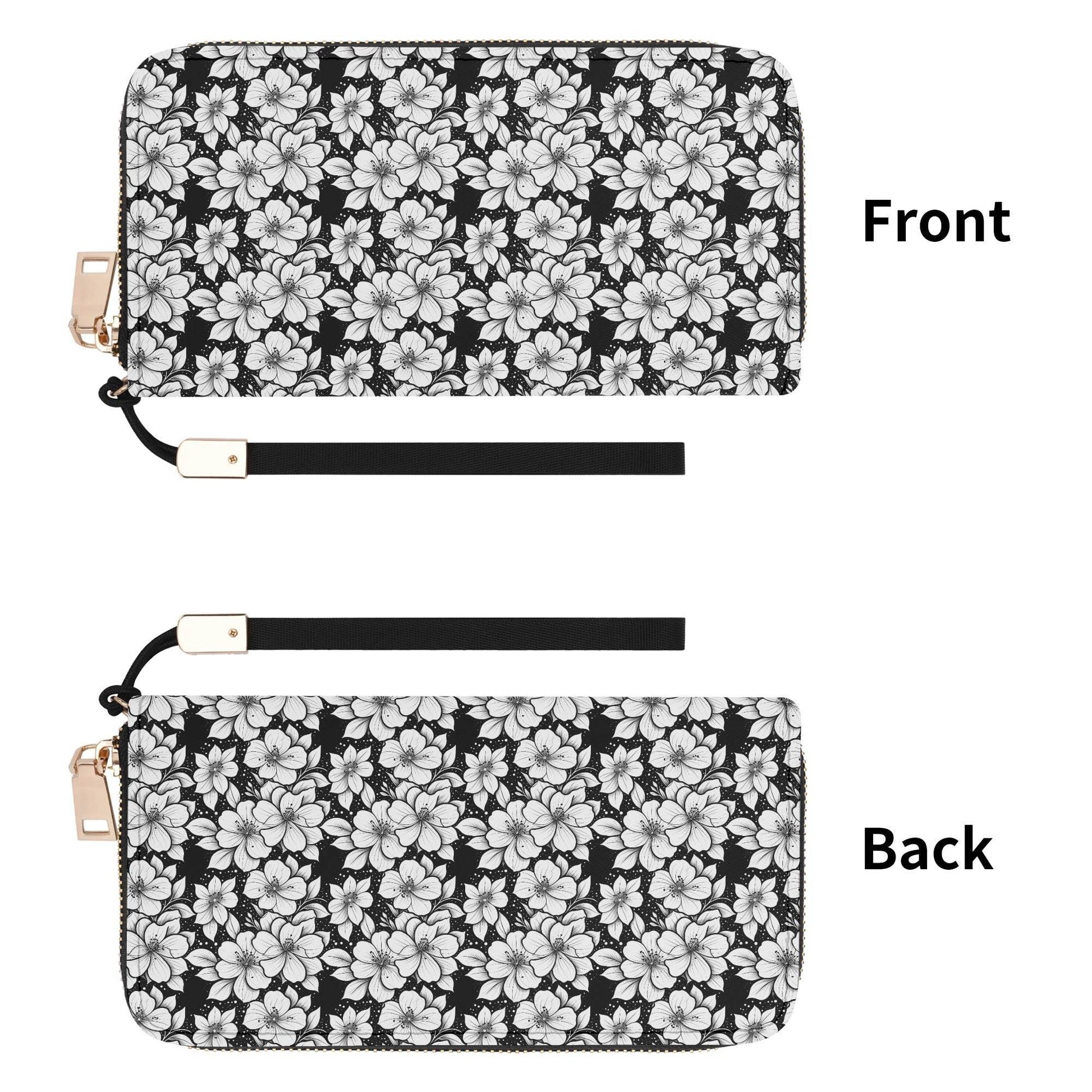 Black and White Floral Women's Leather Zipper Wristlet Wallet - DeRose Seasonal