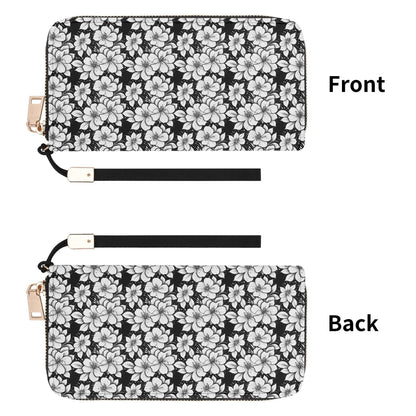 Black and White Floral Women's Leather Zipper Wristlet Wallet - DeRose Seasonal