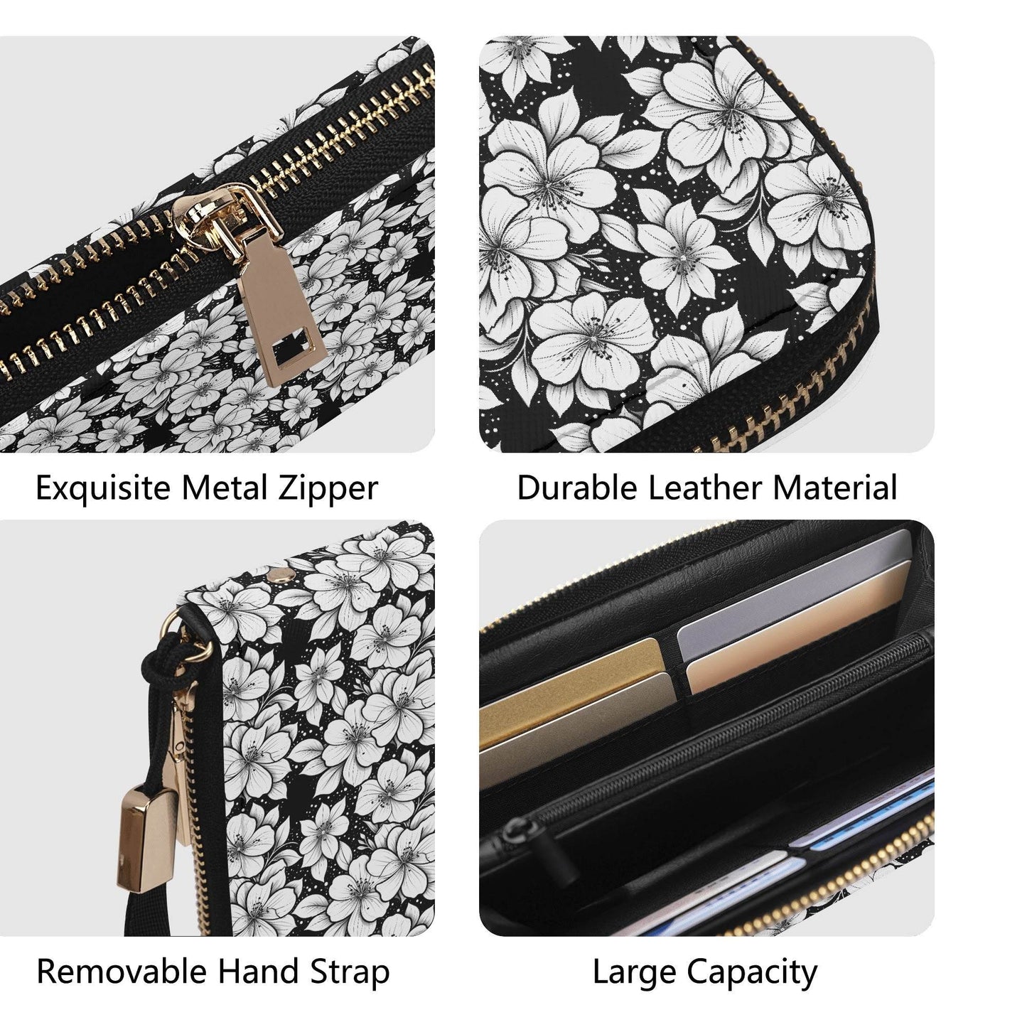 Black and White Floral Women's Leather Zipper Wristlet Wallet - DeRose Seasonal