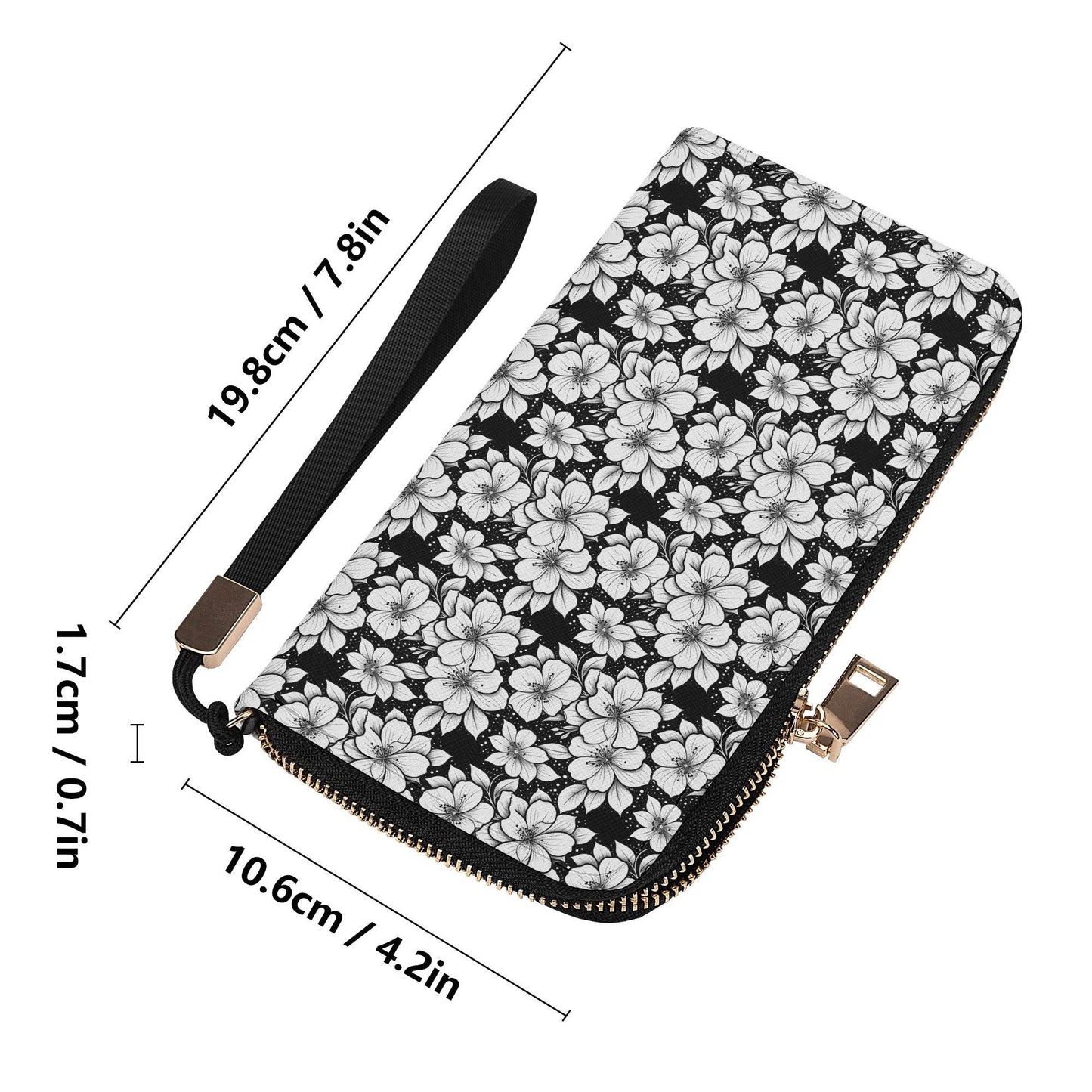 Black and White Floral Women's Leather Zipper Wristlet Wallet - DeRose Seasonal