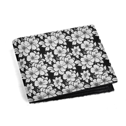 Black and White Floral Men's Leather Folded Wallet - DeRose Seasonal