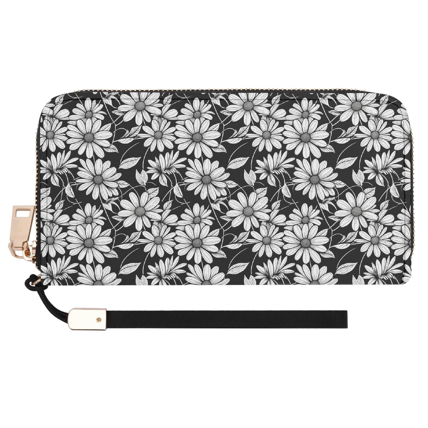 Black and White Daisy Women's Leather Zipper Wristlet Wallet - DeRose Seasonal