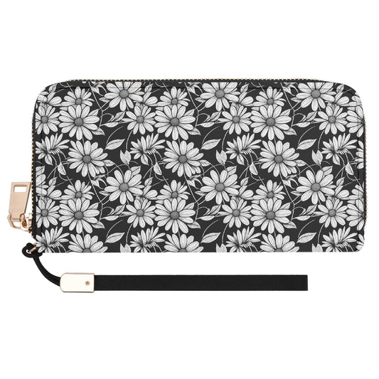 Black and White Daisy Women's Leather Zipper Wristlet Wallet - DeRose Seasonal