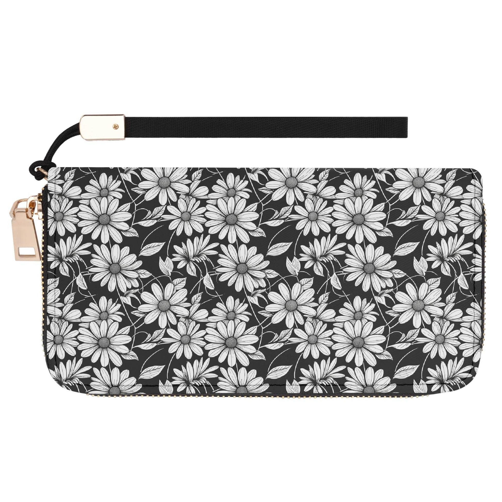 Black and White Daisy Women's Leather Zipper Wristlet Wallet - DeRose Seasonal