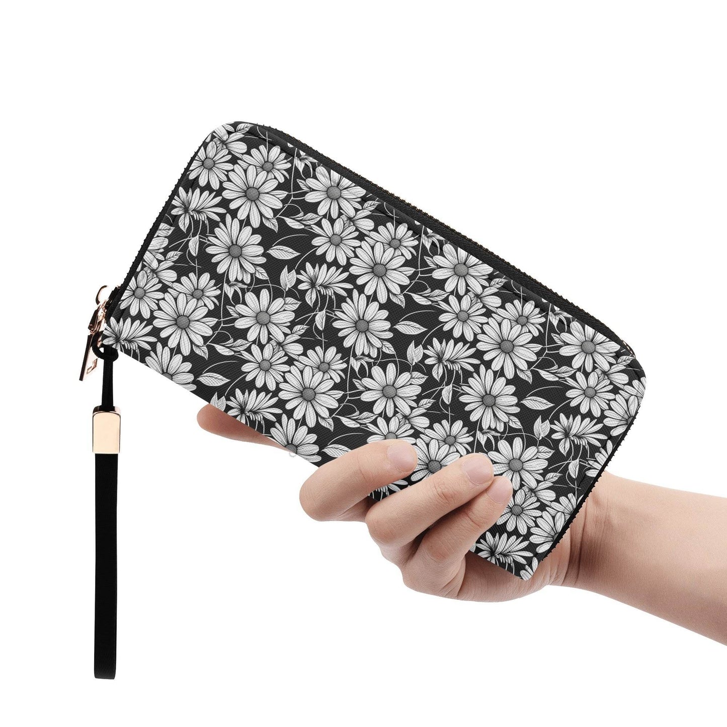 Black and White Daisy Women's Leather Zipper Wristlet Wallet - DeRose Seasonal