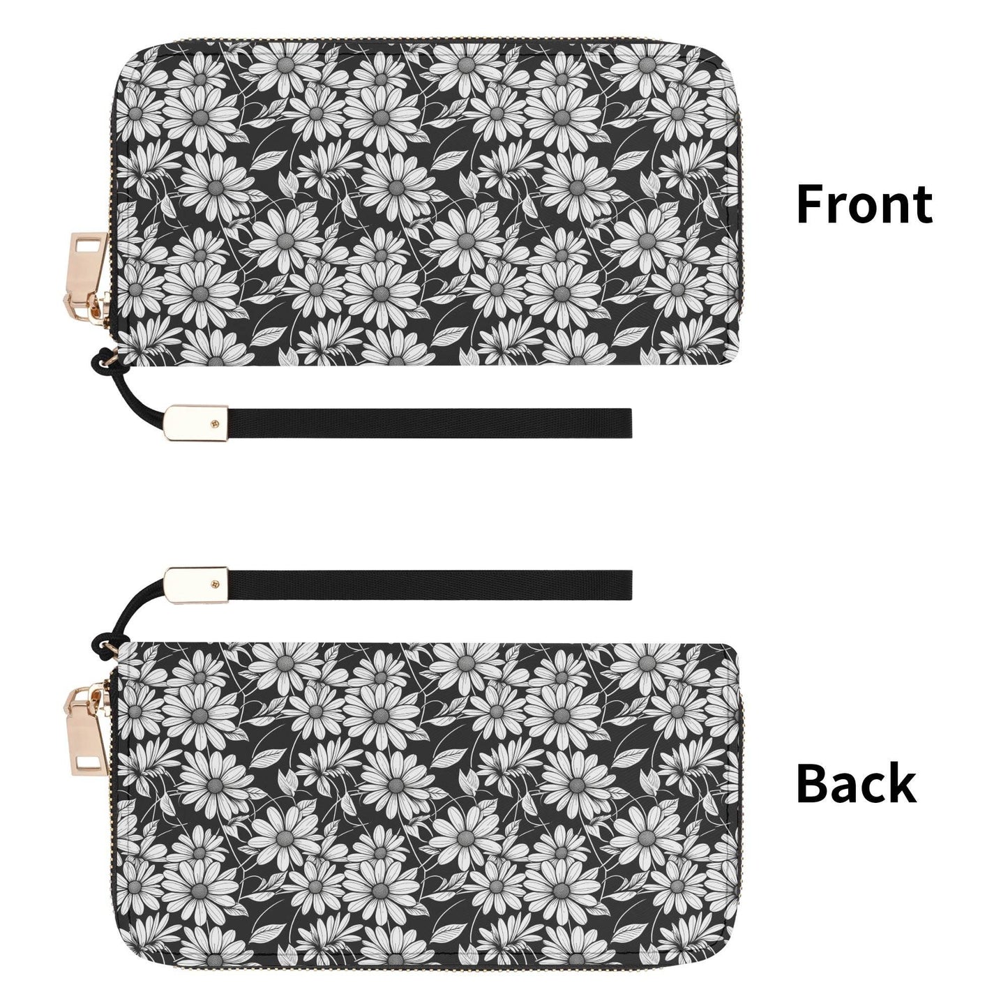 Black and White Daisy Women's Leather Zipper Wristlet Wallet - DeRose Seasonal