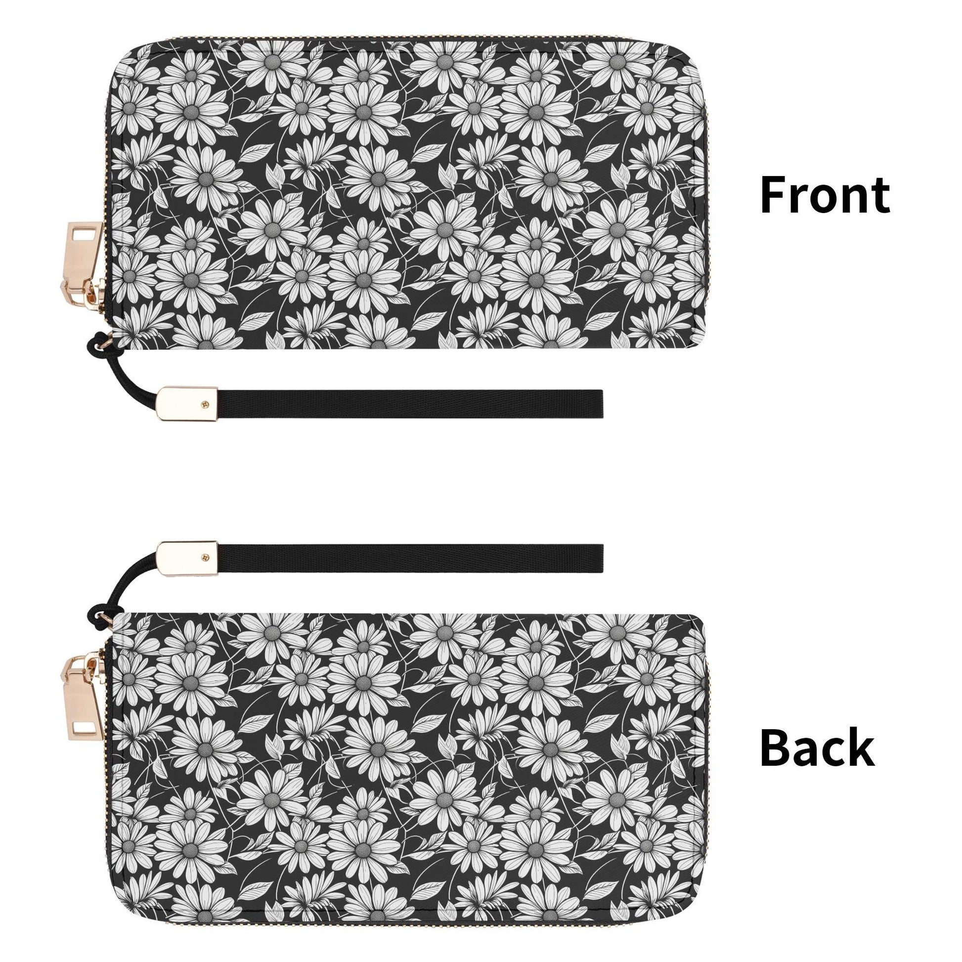 Black and White Daisy Women's Leather Zipper Wristlet Wallet - DeRose Seasonal