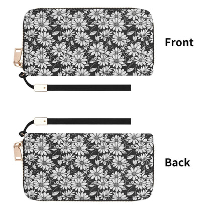 Black and White Daisy Women's Leather Zipper Wristlet Wallet - DeRose Seasonal