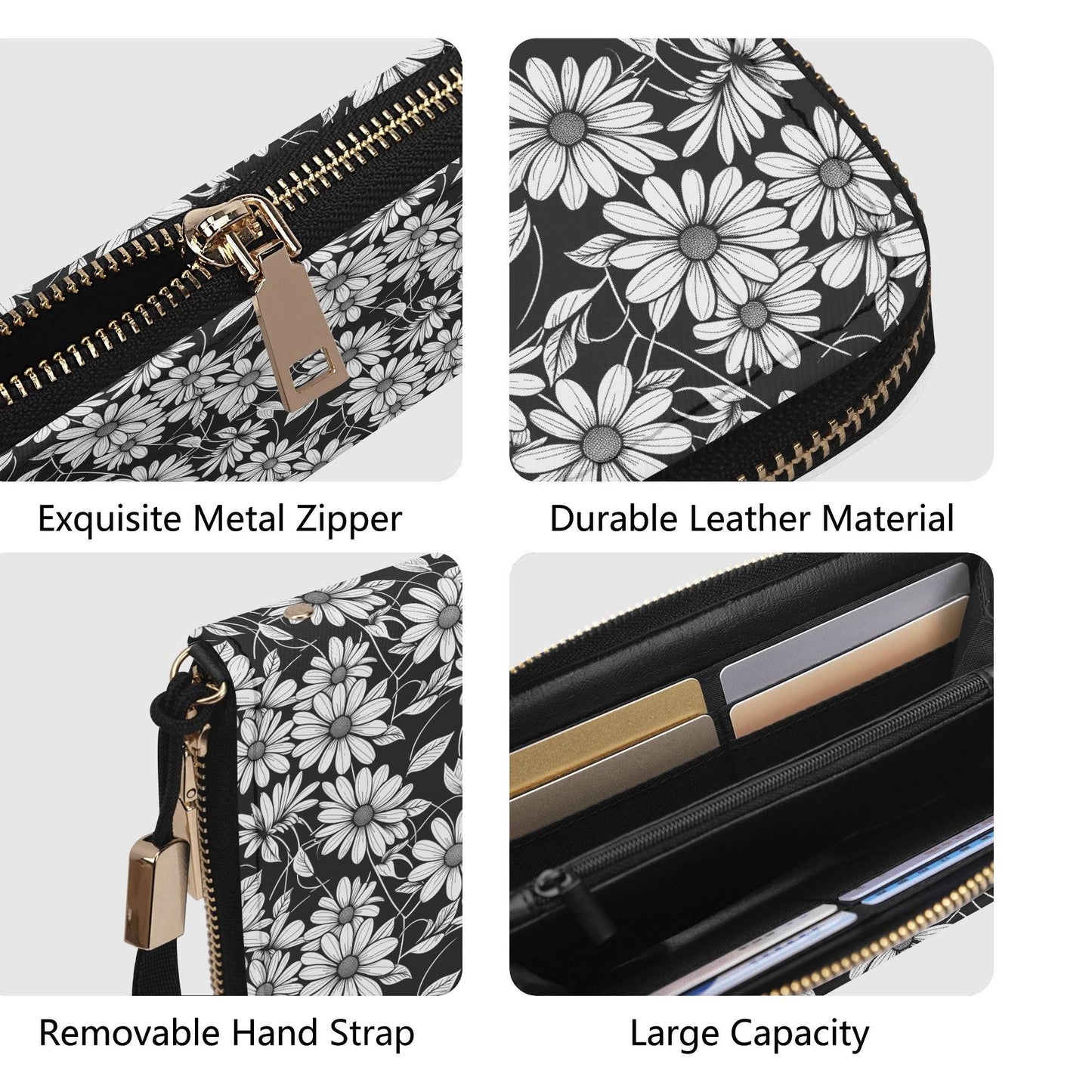 Black and White Daisy Women's Leather Zipper Wristlet Wallet - DeRose Seasonal