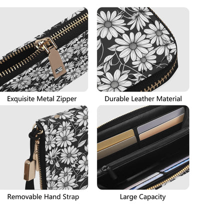 Black and White Daisy Women's Leather Zipper Wristlet Wallet - DeRose Seasonal