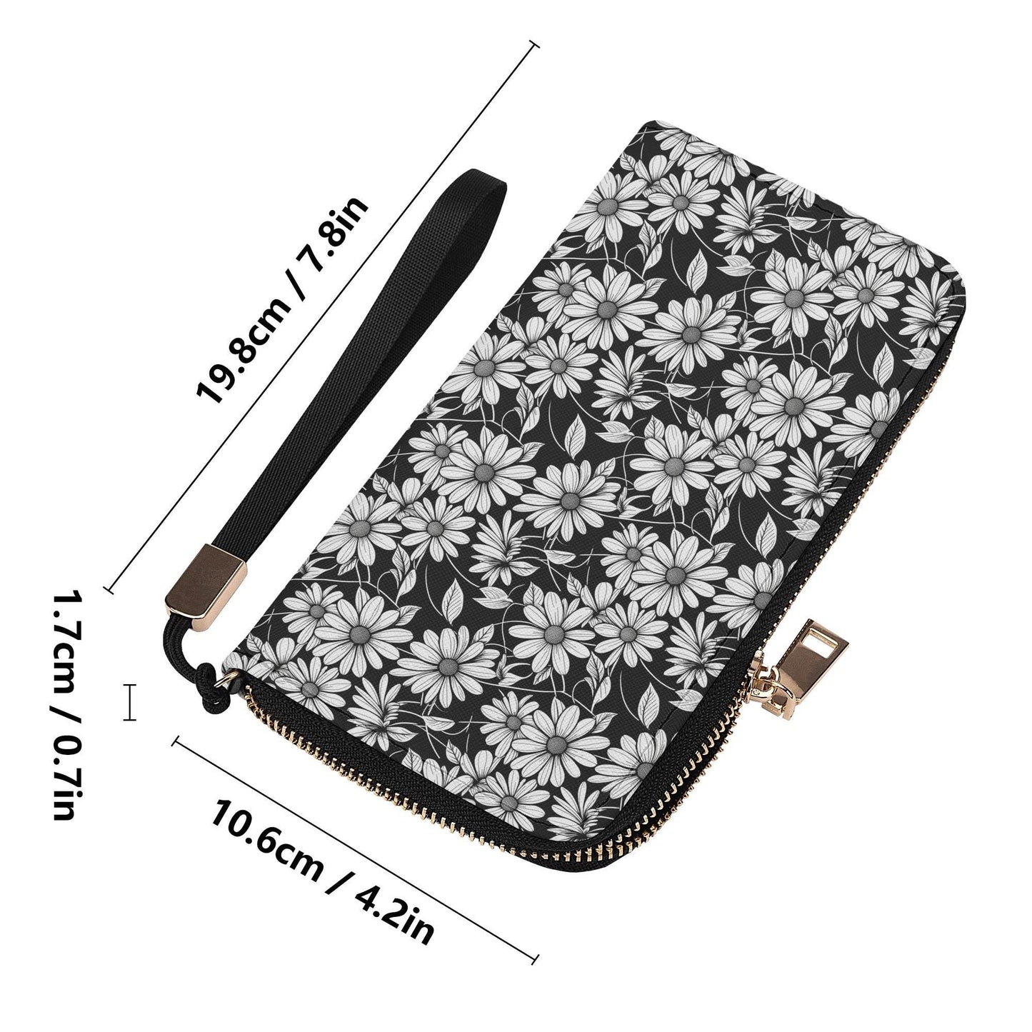 Black and White Daisy Women's Leather Zipper Wristlet Wallet - DeRose Seasonal
