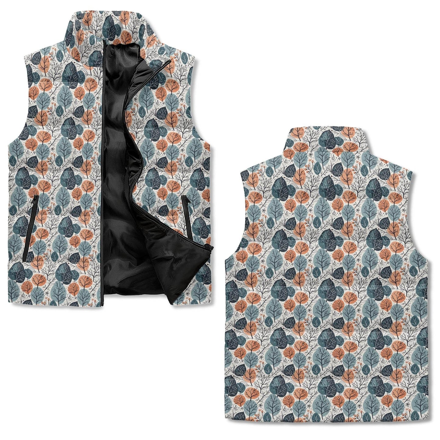 Freezing Leaves Unisex Lightweight Stand Collar Zip Up Puffer Vest - DeRose Seasonal