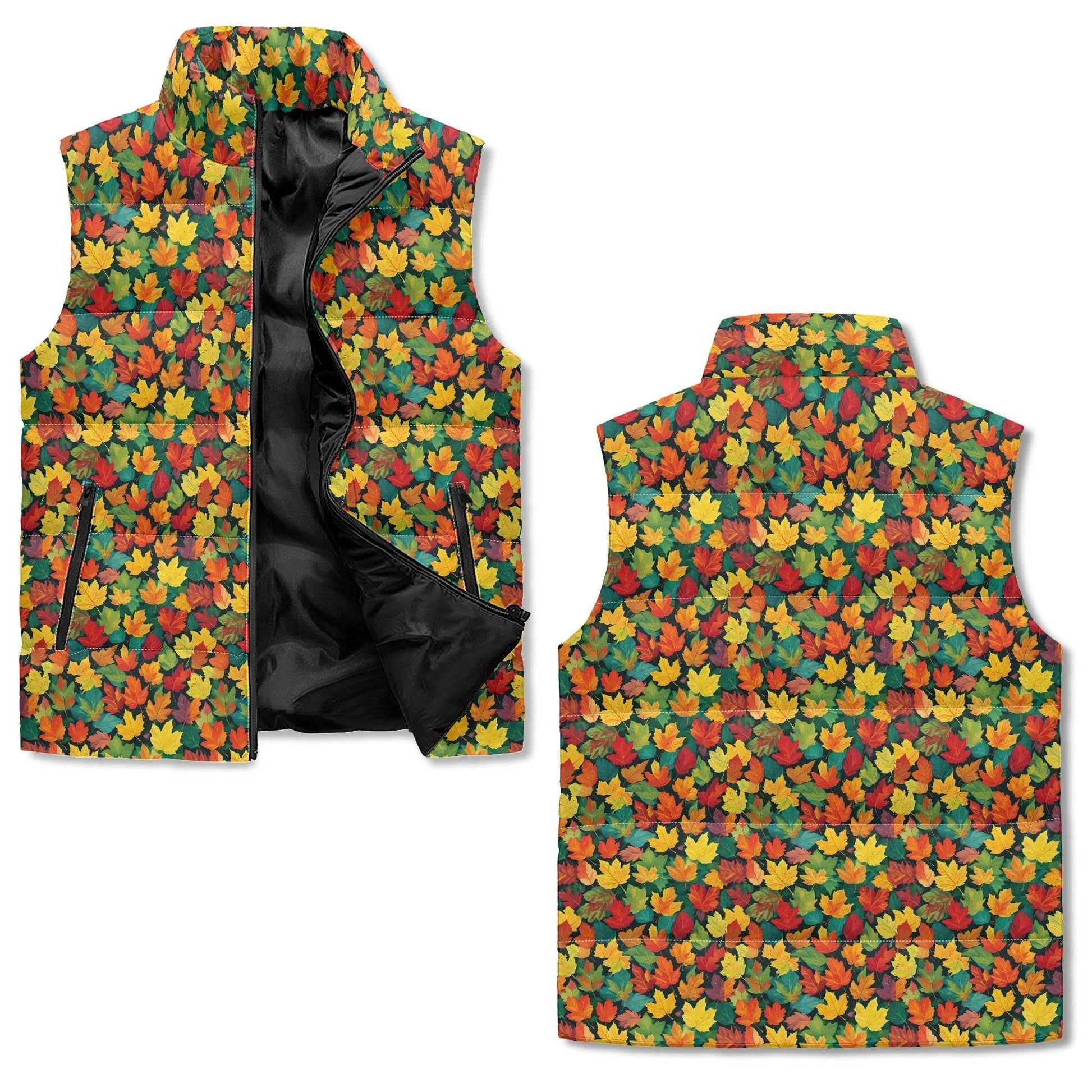 Colorful Leaves Unisex Lightweight Stand Collar Zip Up Puffer Vest - DeRose Seasonal