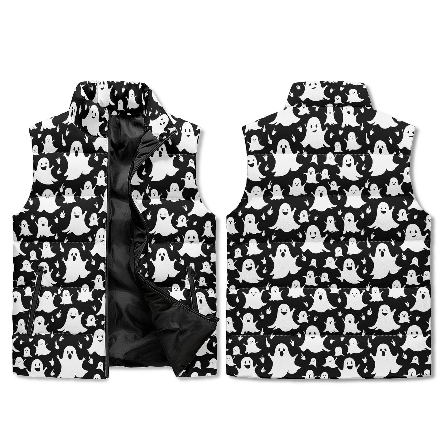 Spooky Ghost Unisex Lightweight Stand Collar Zip Up Puffer Vest - DeRose Seasonal
