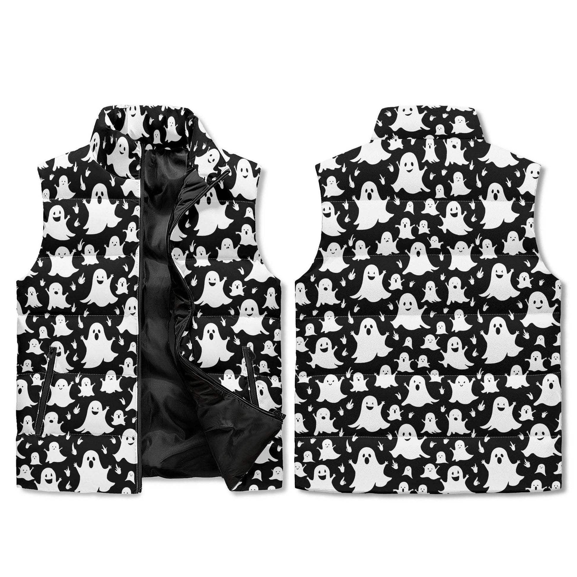 Spooky Ghost Unisex Lightweight Stand Collar Zip Up Puffer Vest - DeRose Seasonal