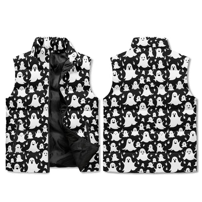 Spooky Ghost Unisex Lightweight Stand Collar Zip Up Puffer Vest - DeRose Seasonal