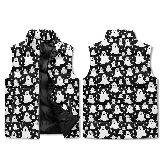 Spooky Ghost Unisex Lightweight Stand Collar Zip Up Puffer Vest - DeRose Seasonal