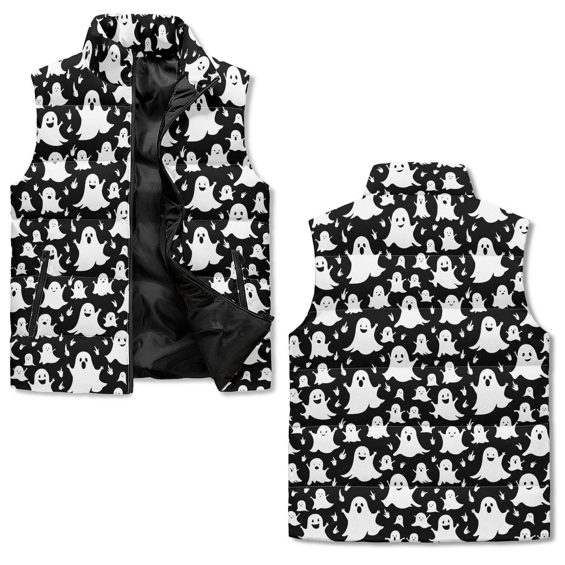 Spooky Ghost Unisex Lightweight Stand Collar Zip Up Puffer Vest - DeRose Seasonal