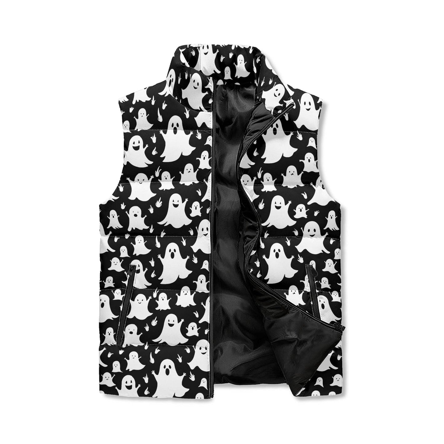 Spooky Ghost Unisex Lightweight Stand Collar Zip Up Puffer Vest - DeRose Seasonal