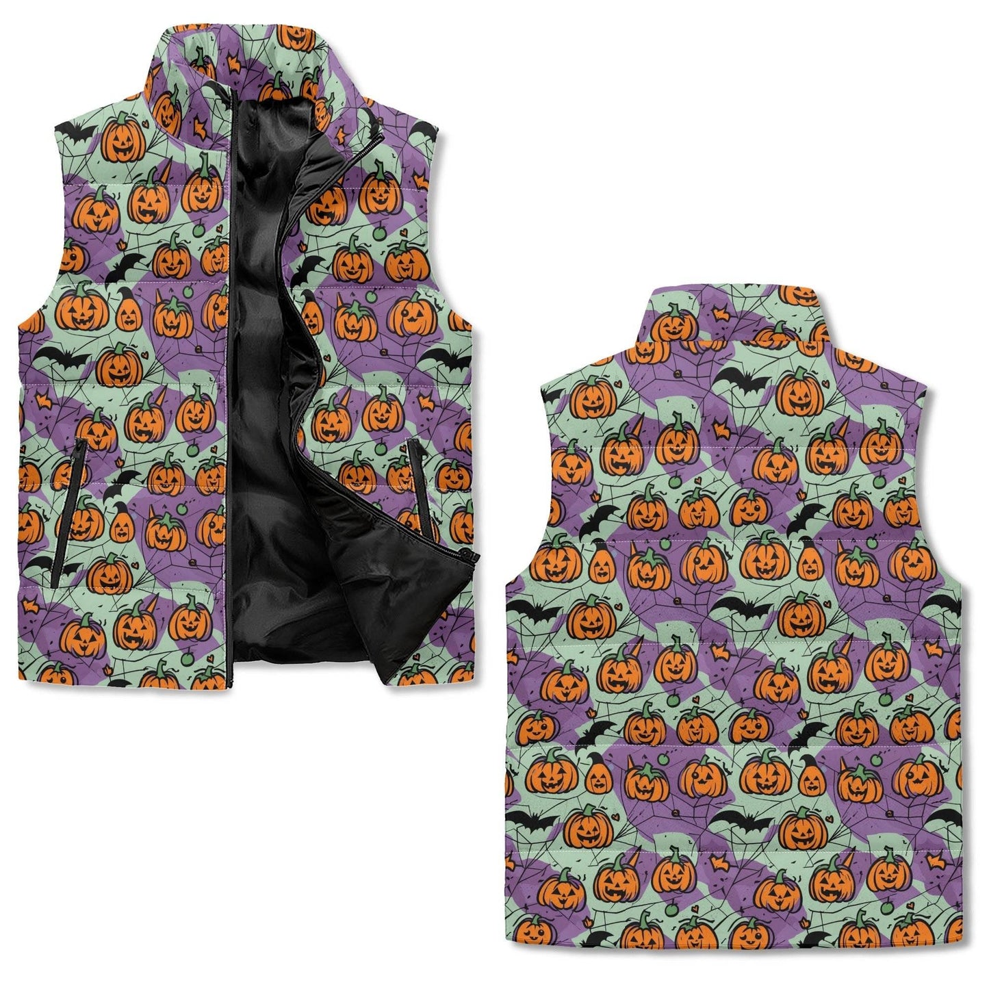 Green and Purple Pumpkin Unisex Lightweight Stand Collar Zip Up Puffer Vest - DeRose Seasonal