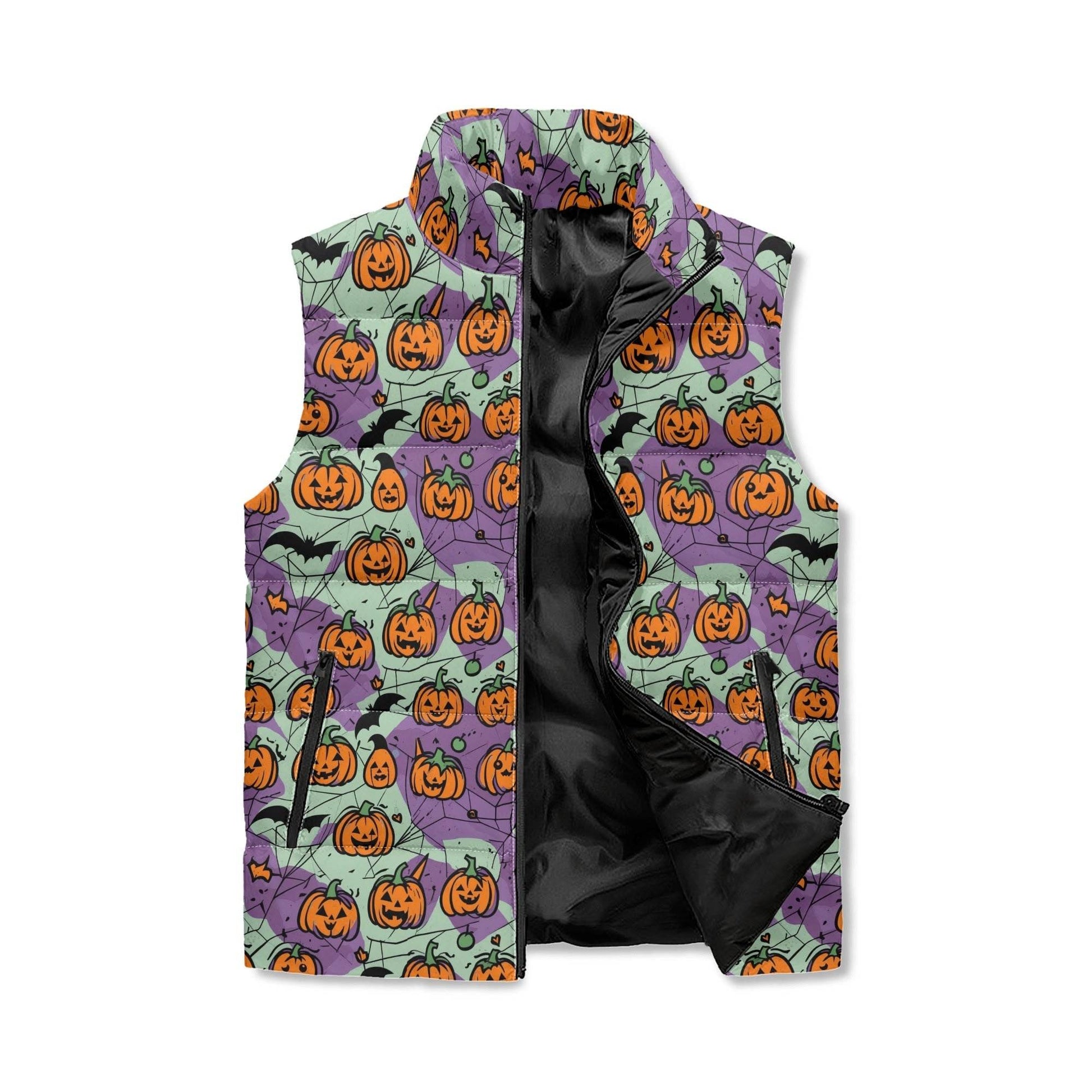 Green and Purple Pumpkin Unisex Lightweight Stand Collar Zip Up Puffer Vest - DeRose Seasonal