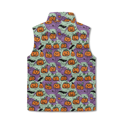 Green and Purple Pumpkin Unisex Lightweight Stand Collar Zip Up Puffer Vest - DeRose Seasonal