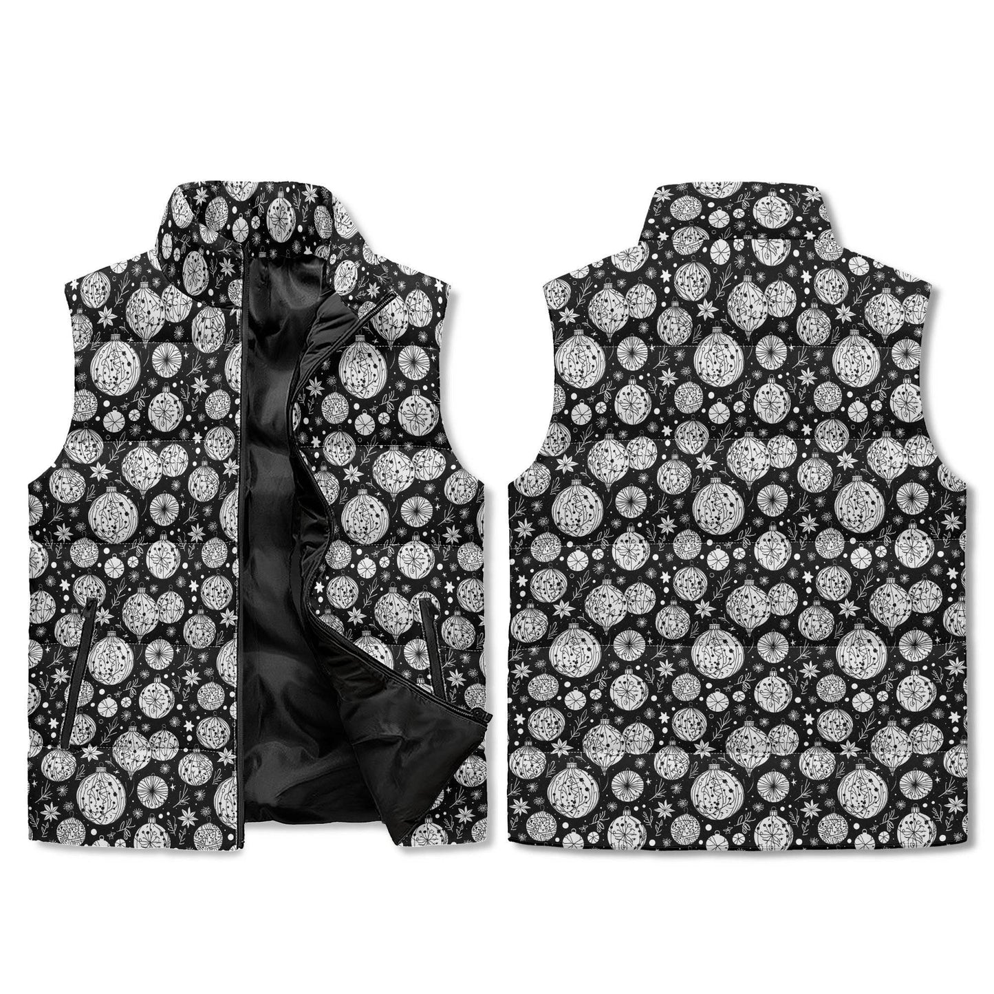 Black and White Ornament Unisex Lightweight Stand Collar Zip Up Puffer Vest - DeRose Seasonal
