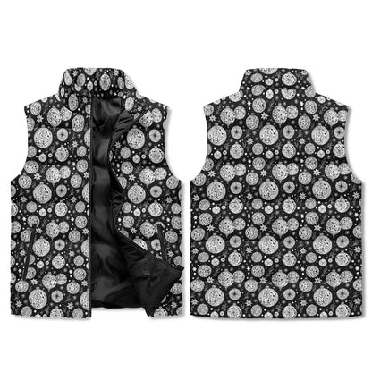 Black and White Ornament Unisex Lightweight Stand Collar Zip Up Puffer Vest - DeRose Seasonal