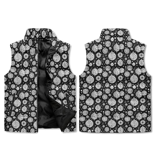 Black and White Ornament Unisex Lightweight Stand Collar Zip Up Puffer Vest - DeRose Seasonal