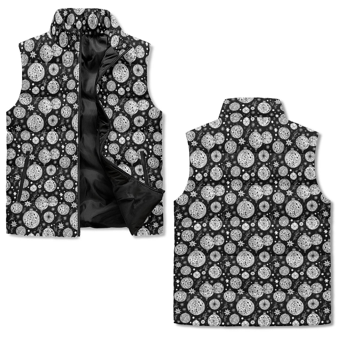 Black and White Ornament Unisex Lightweight Stand Collar Zip Up Puffer Vest - DeRose Seasonal