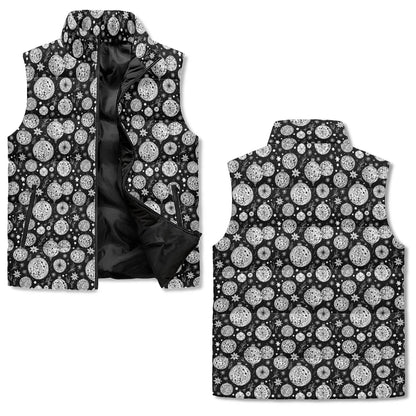 Black and White Ornament Unisex Lightweight Stand Collar Zip Up Puffer Vest - DeRose Seasonal
