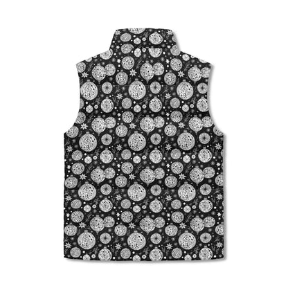 Black and White Ornament Unisex Lightweight Stand Collar Zip Up Puffer Vest - DeRose Seasonal
