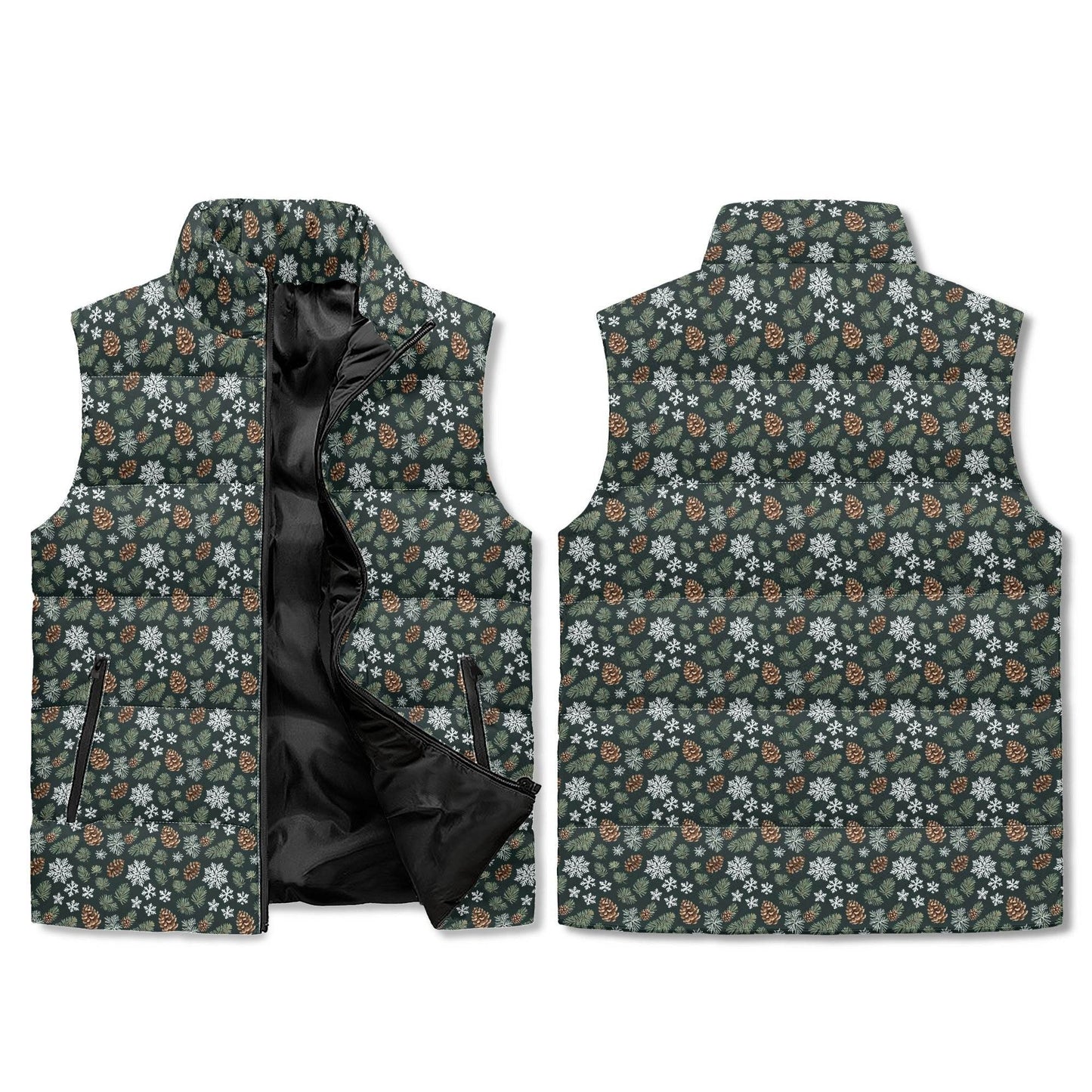 Snowflake Pine Unisex Lightweight Stand Collar Zip Up Puffer Vest - DeRose Seasonal