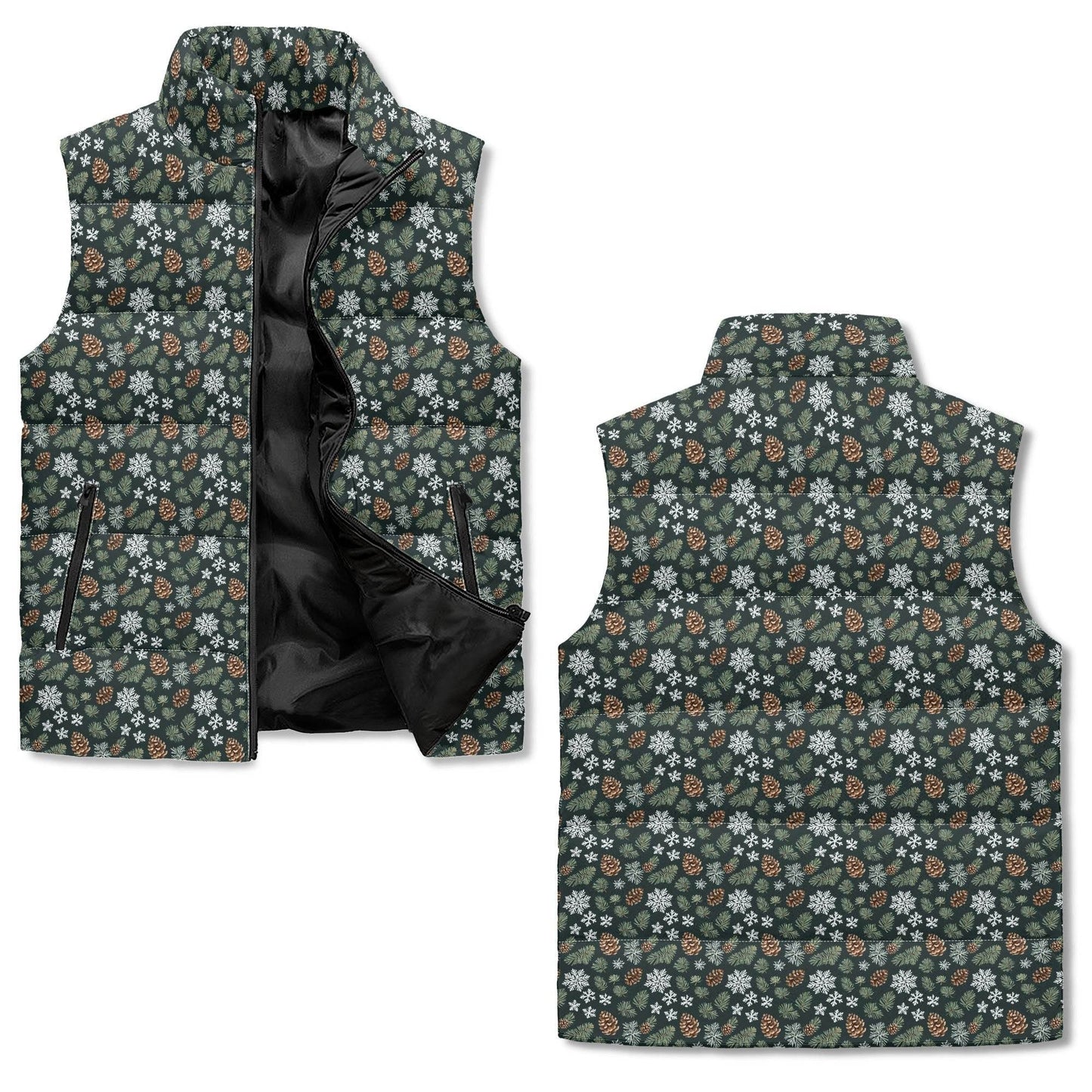 Snowflake Pine Unisex Lightweight Stand Collar Zip Up Puffer Vest - DeRose Seasonal