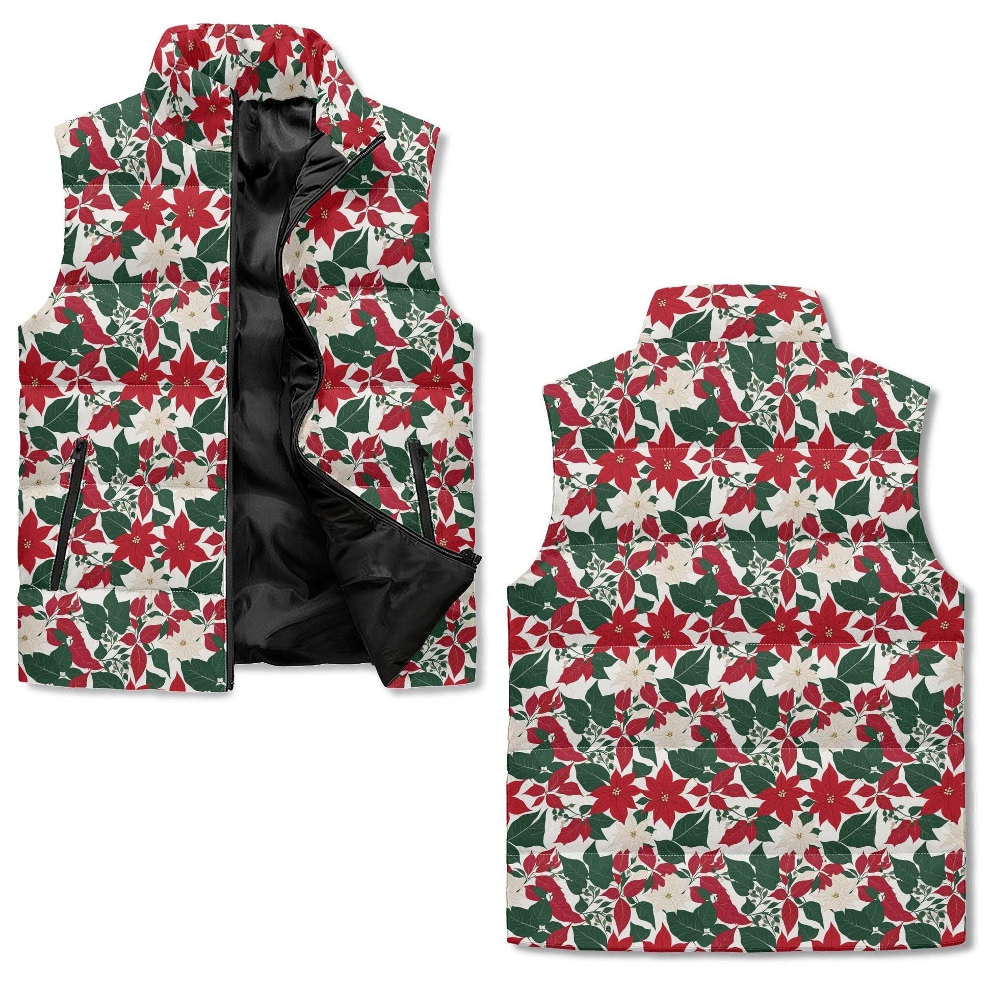 Red and White Poinsettia Unisex Lightweight Stand Collar Zip Up Puffer Vest - DeRose Seasonal
