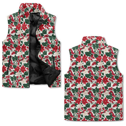 Red and White Poinsettia Unisex Lightweight Stand Collar Zip Up Puffer Vest - DeRose Seasonal