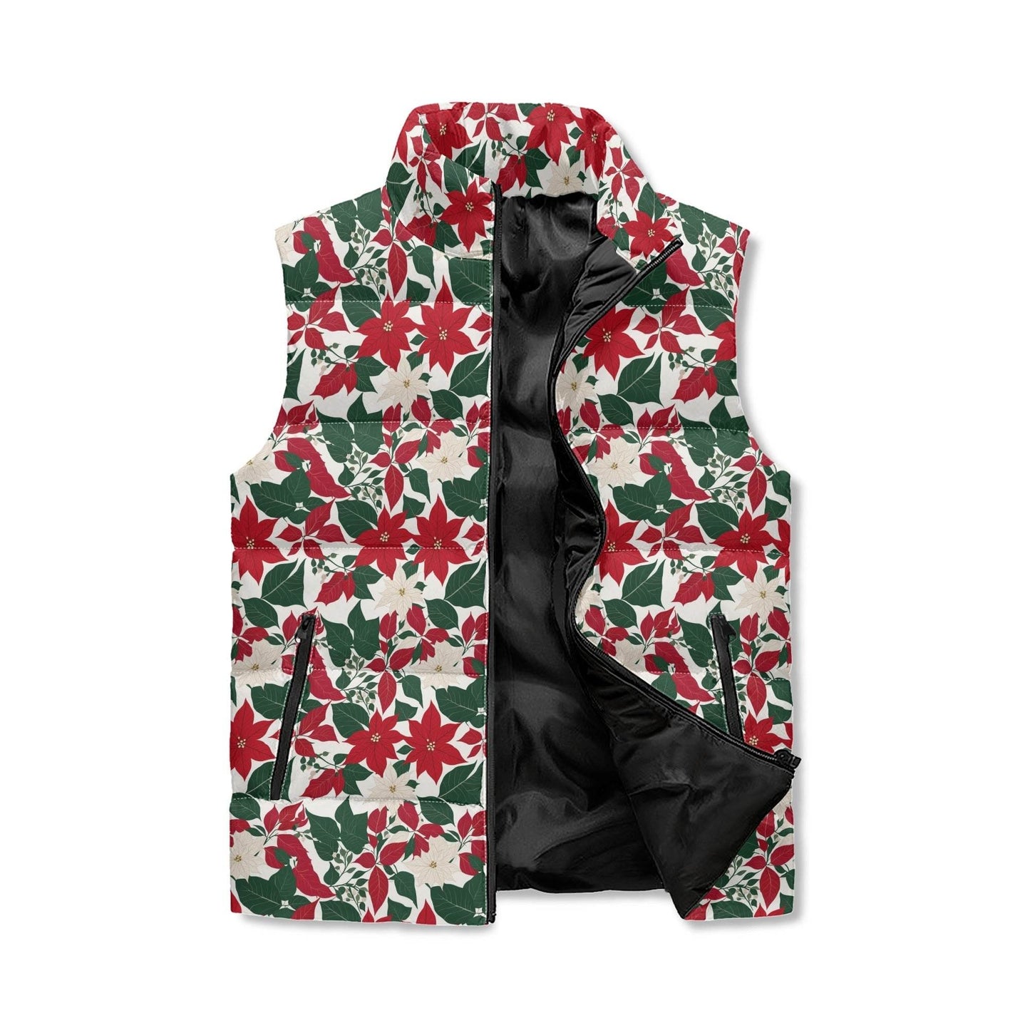 Red and White Poinsettia Unisex Lightweight Stand Collar Zip Up Puffer Vest - DeRose Seasonal