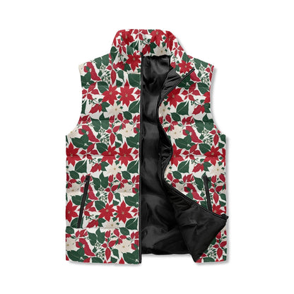 Red and White Poinsettia Unisex Lightweight Stand Collar Zip Up Puffer Vest - DeRose Seasonal